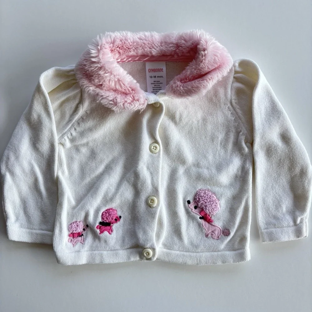 Gymboree Y2K Poodle Cardigan Sweater Girls 12-18 Months Ivory Pink Plush‎ Collar